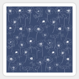 Poppies Line Art Flowers Pattern On Navy Blue Sticker